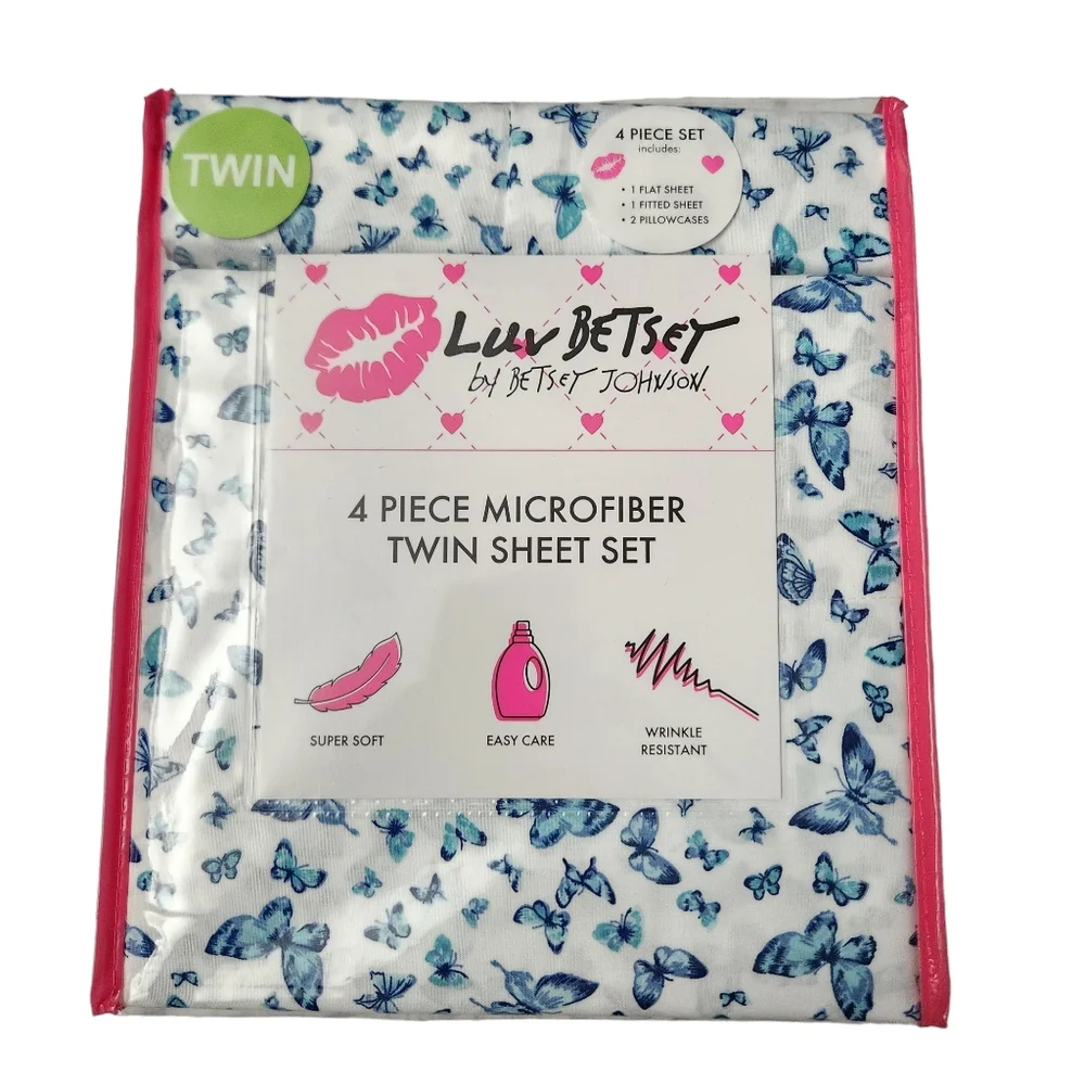 Luv Betsey by Betsey Johnson 4pc TWIN Sheet Set White Blue Butterfly Print